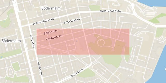 Karta som med röd fyrkant ramar in Skånegatan, Stockholm, Stockholms län