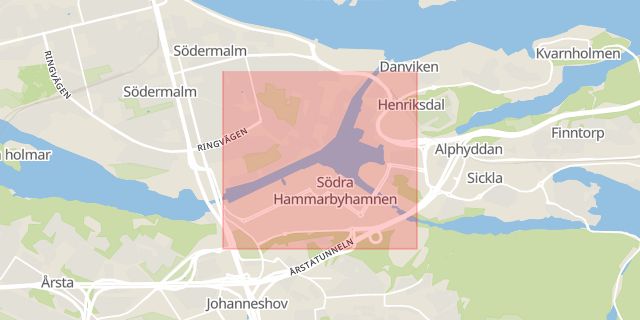 Karta som med röd fyrkant ramar in Södra Stockholm, Stockholm, Stockholms län