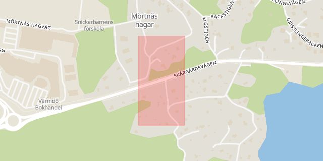 Karta som med röd fyrkant ramar in Mörtnäs, Värmdö, Stockholms län
