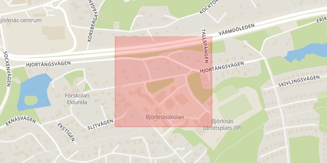 Karta som med röd fyrkant ramar in Björknäs Skolväg, Nacka, Stockholms län