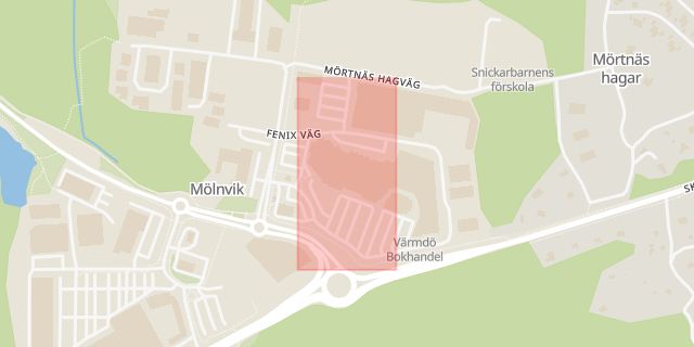 Karta som med röd fyrkant ramar in Mölnvik, Systembolaget, Värmdö, Stockholms län