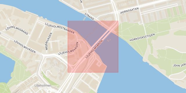 Karta som med röd fyrkant ramar in Södermalm, Liljeholmsbron, Stockholm, Stockholms län