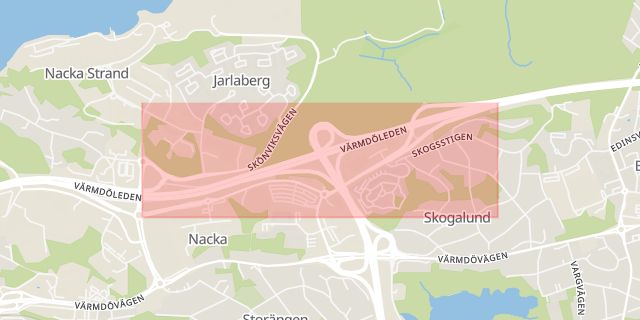 Karta som med röd fyrkant ramar in Jarlaberg, Skvaltan, Nacka, Stockholms län