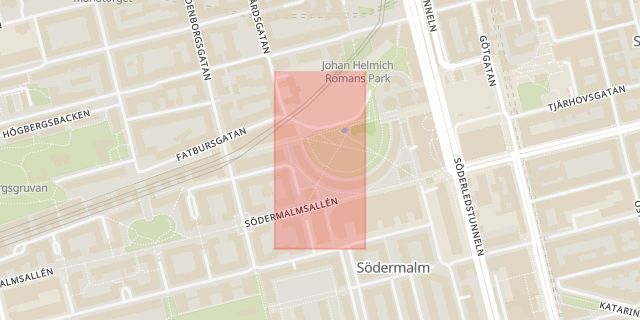 Karta som med röd fyrkant ramar in Fatbursparken, Stockholm, Stockholms län