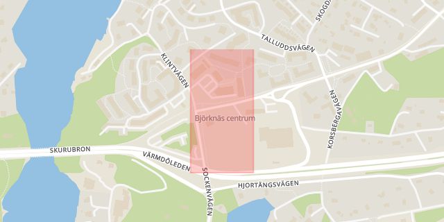 Karta som med röd fyrkant ramar in Björknäs Centrum, Nacka, Stockholms län