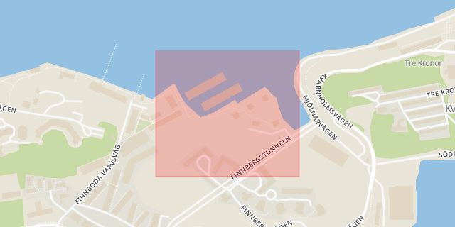 Karta som med röd fyrkant ramar in Kvarnholmen, Finnboda Kajväg, Nacka, Stockholms län