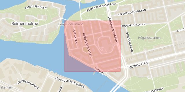 Karta som med röd fyrkant ramar in Bergsunds Strand, Stockholm, Stockholms län