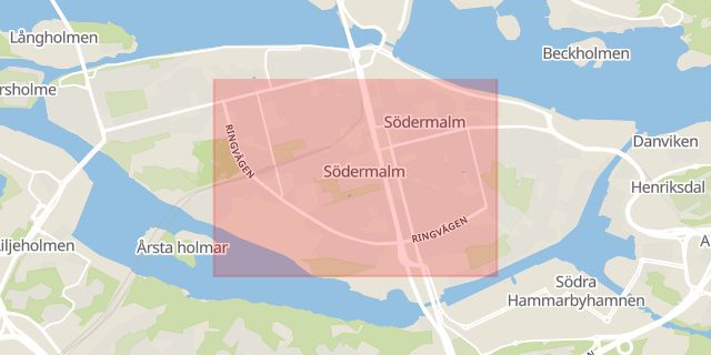 Karta som med röd fyrkant ramar in Södermalm, Ringvägen, Stockholm, Stockholms län