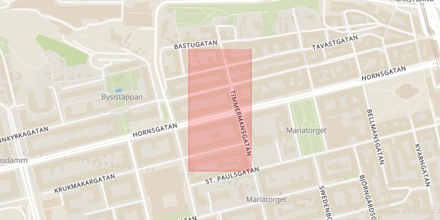 Karta som med röd fyrkant ramar in Prästgårdsgatan, Hornsgatan, Stockholm, Stockholms län