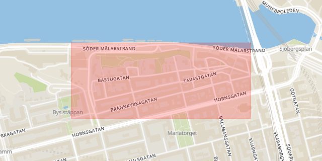 Karta som med röd fyrkant ramar in Södermalm, Bastugatan, Stockholm, Stockholms län