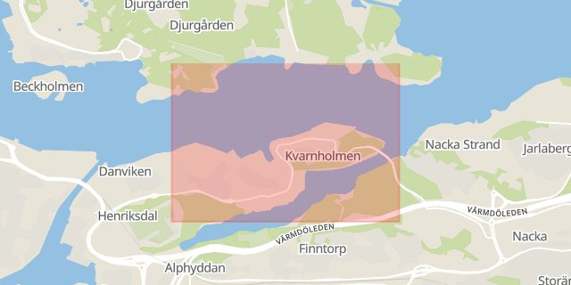 Karta som med röd fyrkant ramar in Kvarnholmen, Nacka, Stockholms län