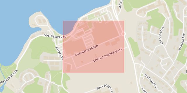 Karta som med röd fyrkant ramar in Chamottevägen, Värmdö, Stockholms län