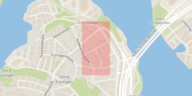 Karta som med röd fyrkant ramar in Essingeringen, Stenshällsvägen, Stockholm, Stockholms län