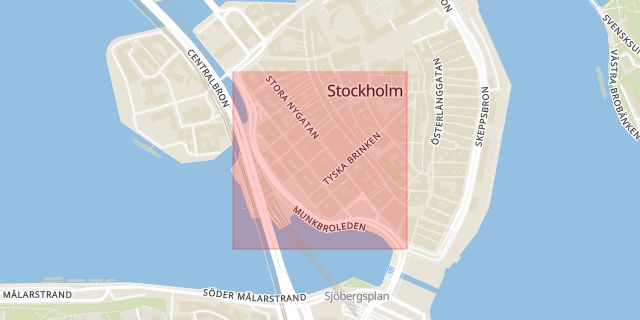 Karta som med röd fyrkant ramar in Munkbroleden, Gamla Stan, Stockholm, Stockholms län
