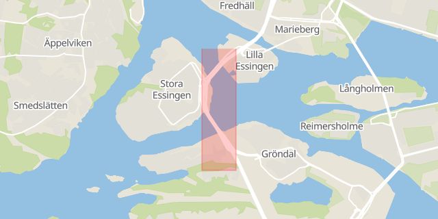 Karta som med röd fyrkant ramar in Essingeleden, Stora Essingen, Stockholm, Stockholms län