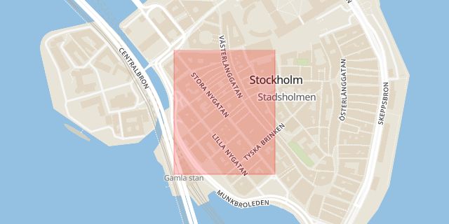 Karta som med röd fyrkant ramar in Stora Nygatan, Gamla Stan, Stockholm, Stockholms län