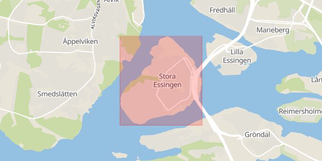 Karta som med röd fyrkant ramar in Stockholms Ström, Gamla Stan, Sund, Huvudstabron, Hornsberg, Stora Essingen, Stockholms län