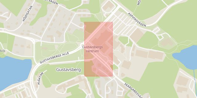 Karta som med röd fyrkant ramar in Gustavsbergs Centrum, Värmdö, Stockholms län