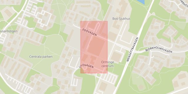Karta som med röd fyrkant ramar in Orminge, Orminge Centrum, Nacka, Stockholms län
