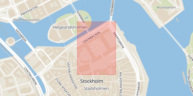Karta som med röd fyrkant ramar in Kungliga Slottet, Riksdagshuset, Stockholm, Stockholms län