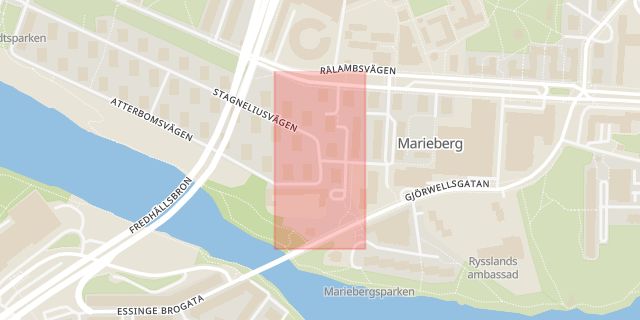 Karta som med röd fyrkant ramar in Marieberg, Scheffersgatan, Stagneliusvägen, Stig, Stockholm, Stockholms län