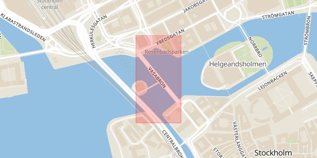 Karta som med röd fyrkant ramar in Centralbron, Vasabron, Stockholm, Stockholms län