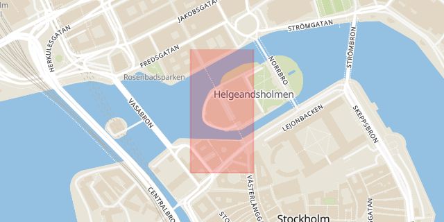 Karta som med röd fyrkant ramar in Slottet, Riksdagshuset, Mynttorget, Slottskajen, Norrbro, Stockholm, Stockholms län