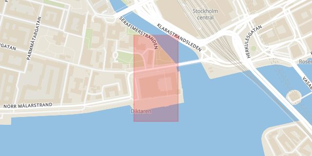 Karta som med röd fyrkant ramar in Kungsholmen, Stadshuset, Stockholm, Stockholms län
