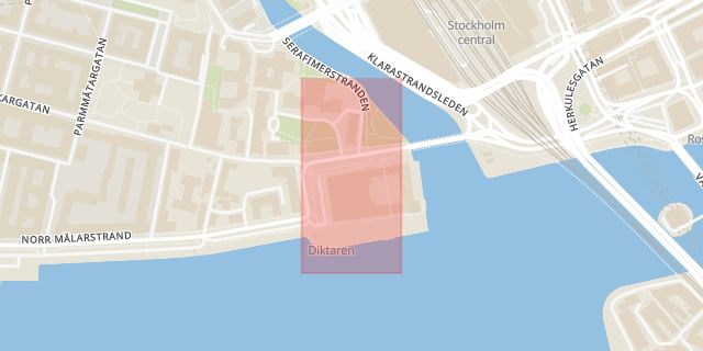 Karta som med röd fyrkant ramar in Stadshuset, Slottet, Stockholm, Stockholms län