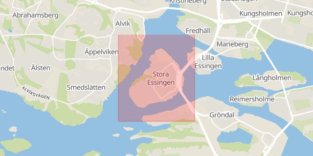 Karta som med röd fyrkant ramar in Tvärbanan, Stora Essingen, Stockholm, Stockholms län
