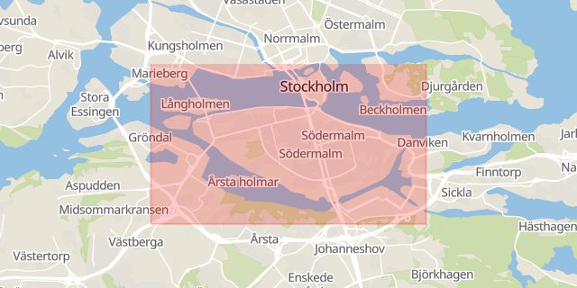 Karta som med röd fyrkant ramar in Södermalm, Stockholms län