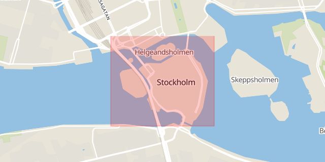 Karta som med röd fyrkant ramar in Riddarfjärden, Gamla Stan, Stockholm, Stockholms län