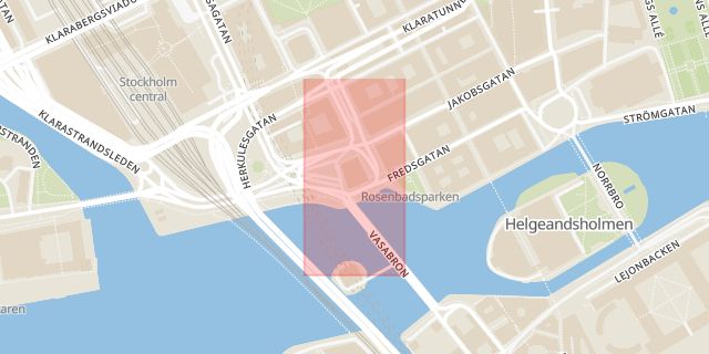 Karta som med röd fyrkant ramar in Tegelbacken, Mäster Samuelsgatan, Stockholm, Stockholms län