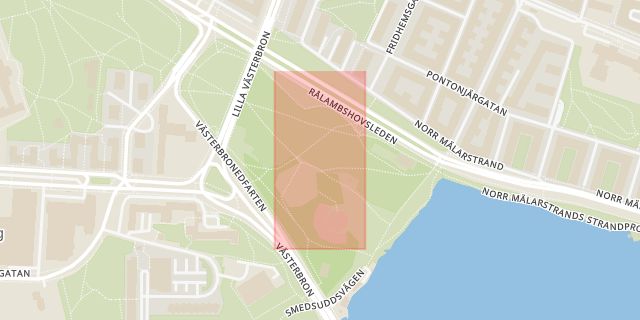 Karta som med röd fyrkant ramar in Rålambshovsparken, Stockholms län