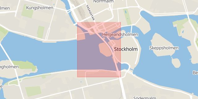 Karta som med röd fyrkant ramar in Centralbron, Stockholm, Stockholms län