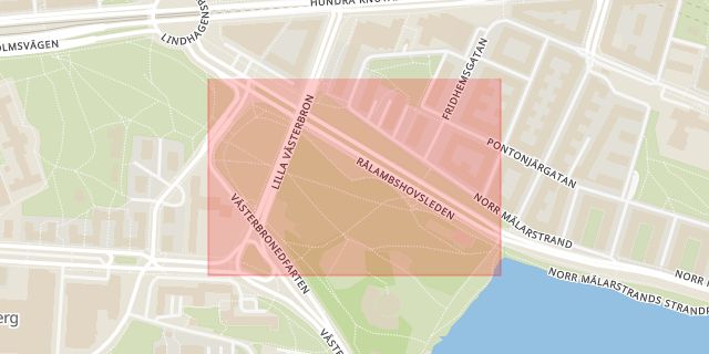 Karta som med röd fyrkant ramar in Rålambshovsparken, Västerbron, Smedsuddsbadet, Stockholm, Stockholms län