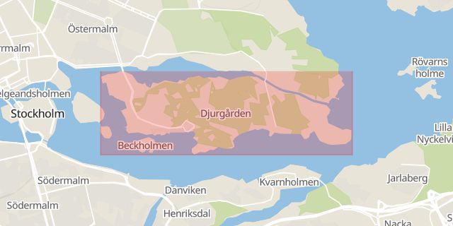 Karta som med röd fyrkant ramar in Östermalm, Djurgården, Stockholm, Stockholms län