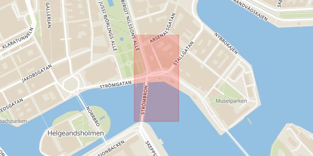Karta som med röd fyrkant ramar in Nybroplan, Strömmen, Norrmalmstorg, Strandvägen, Stockholm, Stockholms län