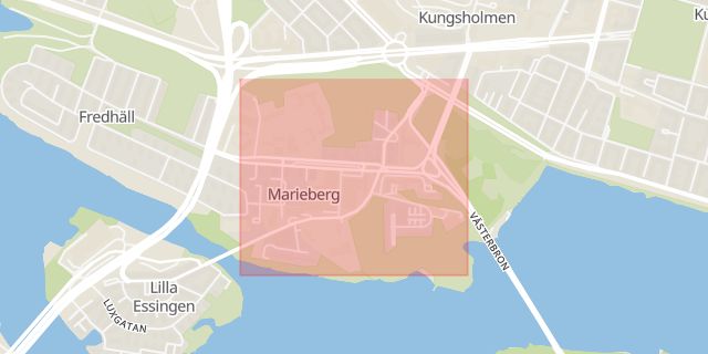 Karta som med röd fyrkant ramar in Lilla Essingen, Gjörwellsgatan, Stockholm, Stockholms län