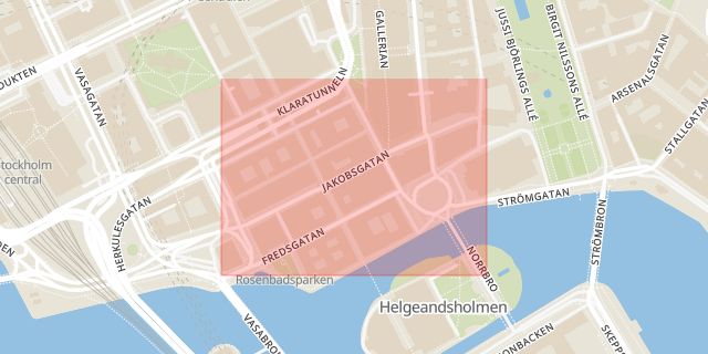 Karta som med röd fyrkant ramar in Jakobsgatan, Stockholm, Stockholms län