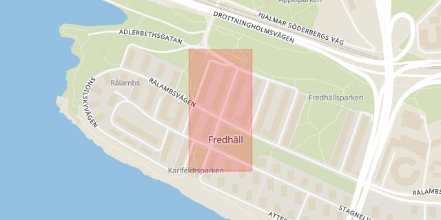 Karta som med röd fyrkant ramar in Fredhäll, Frödingsvägen, Stockholm, Stockholms län