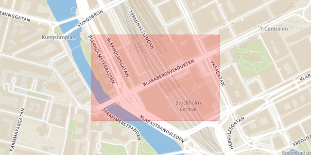 Karta som med röd fyrkant ramar in Klarabergsviadukten, Stockholm, Stockholms län