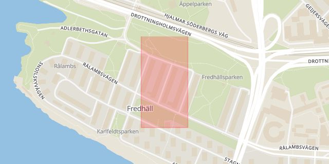 Karta som med röd fyrkant ramar in Fredhäll, Ernst Ahlgrens Väg, Stockholm, Stockholms län