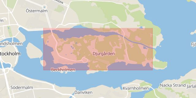Karta som med röd fyrkant ramar in Djurgårdsvägen, Djurgården, Stockholm, Stockholms län