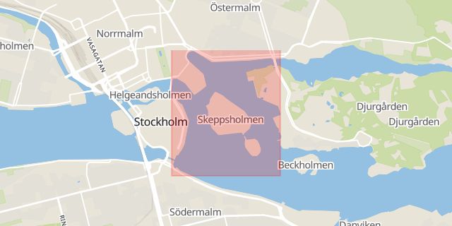 Karta som med röd fyrkant ramar in Slussen, Stockholm, Stockholms län