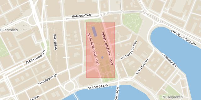 Karta som med röd fyrkant ramar in Humlegården, Kungsträdgården, Stockholm, Stockholms län