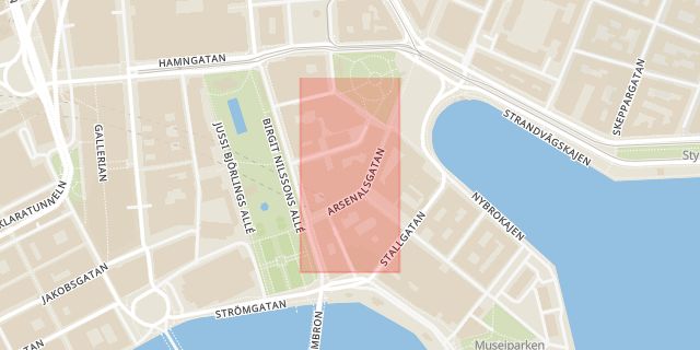 Karta som med röd fyrkant ramar in Arsenalgatan, Stockholm, Stockholms län