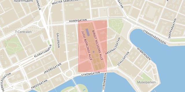 Karta som med röd fyrkant ramar in Kungsträdgården, Stockholm, Stockholms län