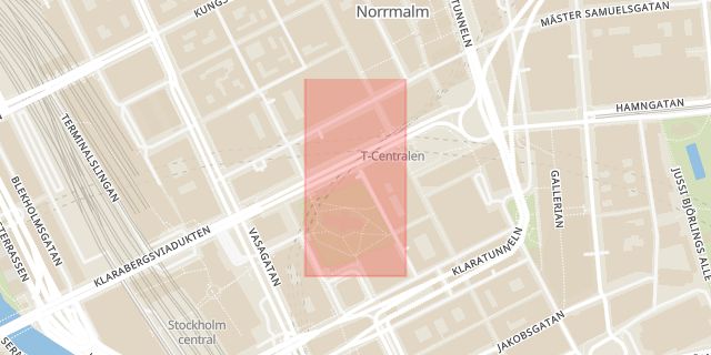 Karta som med röd fyrkant ramar in Klarabergsgatan, Kaffe, Stockholm, Stockholms län