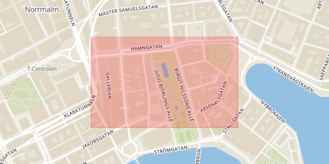 Karta som med röd fyrkant ramar in Norrmalm, Hamngatan, Stockholm, Stockholms län